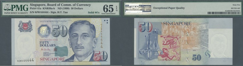 Singapore: 50 Dollars ND(1999) P. 41a with special serial number 0JW444444, PMG ...