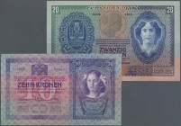 Austria: small set with 14 Banknotes Oesterreichisch-ungarische Bank / Osztrák-magyar Bank comprising 10 Kronen 1904, 20 Kronen 1907, 1 Krone 1916, 3 ...