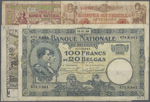 Belgium: set with 13 Banknotes 1914 till 1920's comprising for example 100 Franc...