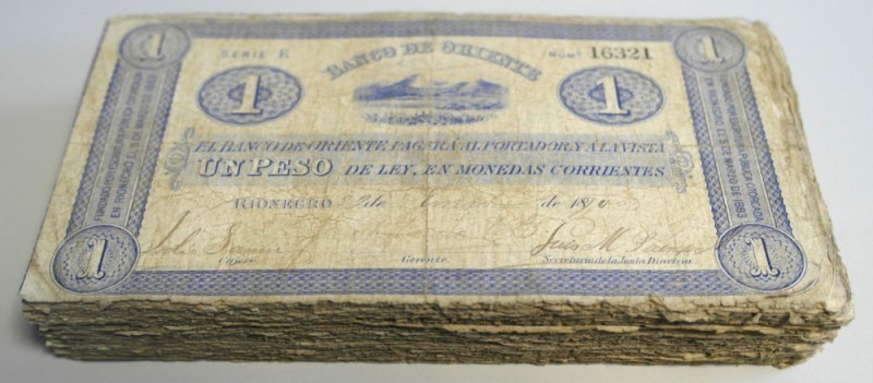 Colombia: Very big bundle of 182 banknotes 1 Peso 1890 ”Banco de Oriente” P. S69...