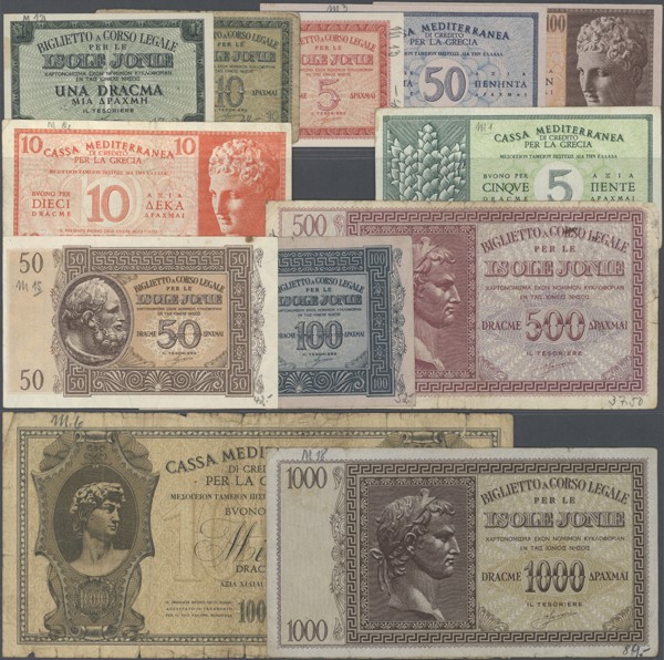 Greece: set with 12 Banknotes Ionian Islands and Cassa Mediterranea comprising 1...