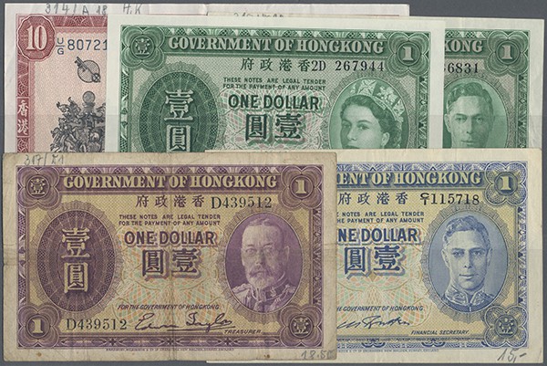 Hong Kong: set with 16 banknotes Hongkong with 1 Dollar Georg V (P.311 in F-), 1...