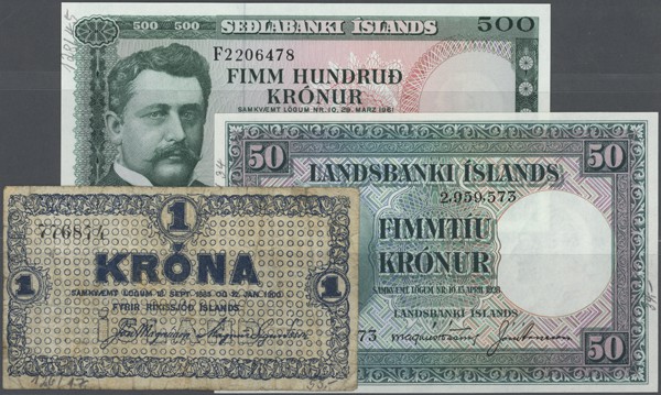 Iceland: set with 14 Banknotes from the 1920's up to the 1960' with 1 Krona ND(1...