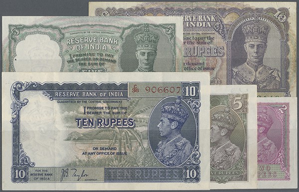 India: lot with 25 Banknotes comprising for example 2, 5, 10 Rupees ND(1937-43) ...