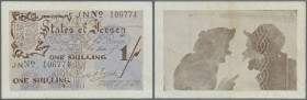 Jersey: pair of the 1 Shilling ND(1941-42) issued under German Occupation in WW II, P.2, one time in excellent condition with stains froma paper clip ...