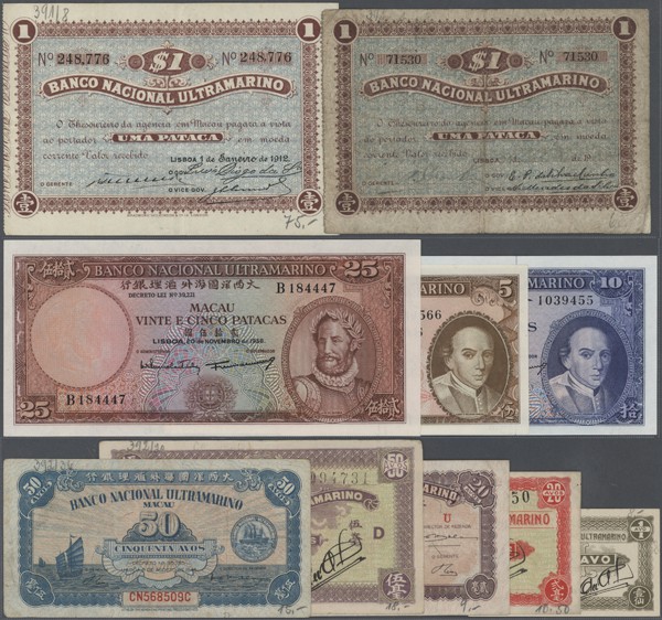Macau: very nice set with 10 Banknotes starting with the 1 Pataca 1905-12, P.1 (...