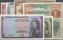 Malta: set with 7 Banknotes 1 Shilling ovpt on 2 Shillings ND(1940) P.15 (F-), 2 Shillings ND(1940-43) P.17 (VF), 1 Pound ND(1949) P.24 (F), 10 Shilli...