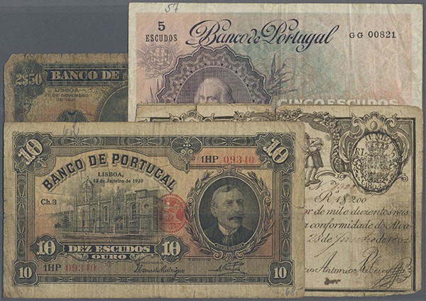 Portugal: small set with 25 Banknotes Portugal, starting with the old 1200 Reis ...