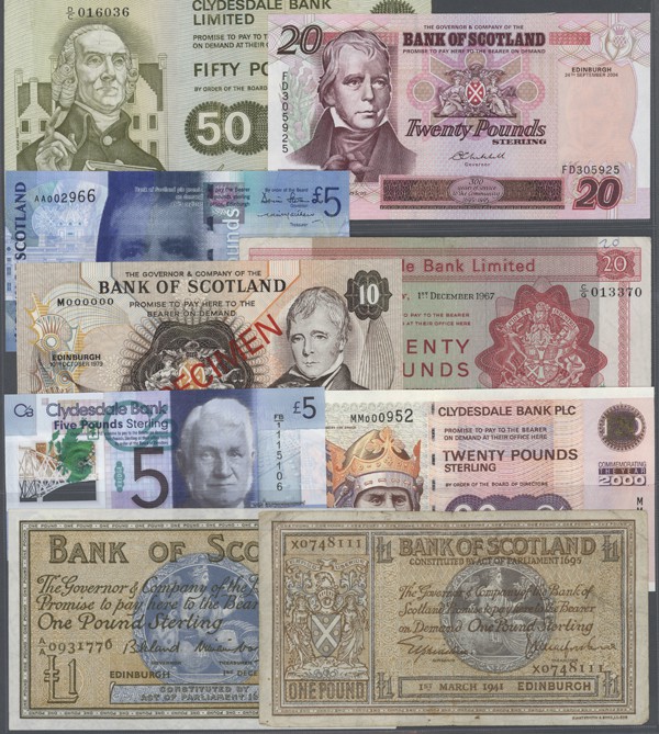 Scotland: collectors book with 56 Banknotes containing for example 50 Pounds Cly...
