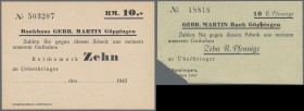 Deutschland - Alliierte Miltärbehörde + Ausgaben 1945-1948: Göppingen, Bankhaus Gebr. Martin, 4 Eigenschecks über 1, 2, 5 und 10 RM 1945, blanko, unen...