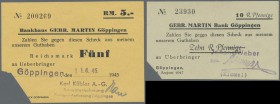 Deutschland - Alliierte Miltärbehörde + Ausgaben 1945-1948: Göppingen, Bankhaus Gebr. Martin, Inhaberscheck über 5 RM für Karl Kübler AG, 11.4.45, 6 I...