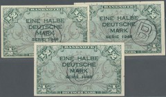 Deutschland - Bank Deutscher Länder + Bundesrepublik Deutschland: kleines Lot mit 3 Banknoten zu 1/2 DM 1948 mit ”B” Stempel, Ro.231a, alle drei in le...