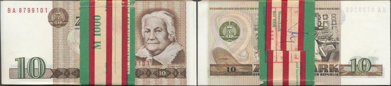 Deutschland - DDR: Komplettes fortlaufend nummeriertes Bündel 100 Stück 10 Mark ...