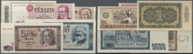 Deutschland - DDR: Set von 5 verschiedenen Banknoten, 10 Mark 1971 Specimen AA000047, 50 Mark 1971 Specimen AA0000048, 5 Mark Specimen 1964 mit Nullnu...