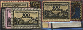 Deutschland - Notgeld besonderer Art: Bielefeld, 100 Mark, Seide, 15.7.1921, fünf Scheine mit # 27c mit Borte, # 29c mit Borte, # 33b mit Borte sowie ...