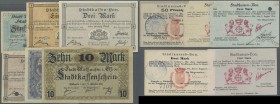 Deutschland - Briefmarkennotgeld: ELSASS: 1914/18 Mühlhausen, 1. Serie von 1914mit 5 Scheinen 50 Pfg. bis 5 Mk., teils lochentwertet, 5 M. kassenfrisc...