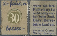 Deutschland - Briefmarkennotgeld: München, Bayr. Reisebüro, 30 Pf. Ziffer Kontrollrat (ca. 1947), Einheitsausgabe der Fa. Caprez-Werbung Stuttgart in ...
