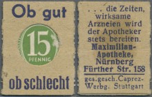 Deutschland - Briefmarkennotgeld: Nürnberg, Maximilian-Apotheke, 15 Pf. Ziffer grün Kontrollrat (ca. 1947), Einheitsausgabe der Fa. Caprez-Werbung Stu...