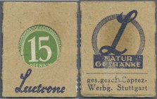 Deutschland - Briefmarkennotgeld: Nürnberg, Lactrone Natur-Getränke, 15 Pf. Ziffer Kontrollrat grün (ca. 1947), Einheitsausgabe der Fa. Caprez-Werbung...
