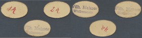 Deutschland - Notgeld - Sachsen: Wolkenstein, Wilh. Mehner, 1, 2, 4 Pf., o. D., ovale Kartonmarken mit vs. zweizeiligem Ovalstempel und rs. Wertangabe...