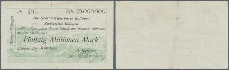 Deutschland - Notgeld - Württemberg: Ebingen, G. Hartner, 50 Mio. Mark, 5.10.192...