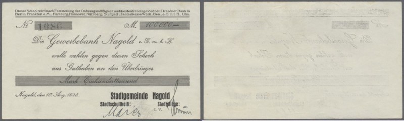 Deutschland - Notgeld - Württemberg: Nagold, Stadtgemeinde, 100 Tsd. Mark, 10.8....