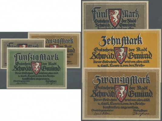 Deutschland - Notgeld - Württemberg: Schwäbisch Gmünd, Stadt, 5, 20, 50 Mark, je...