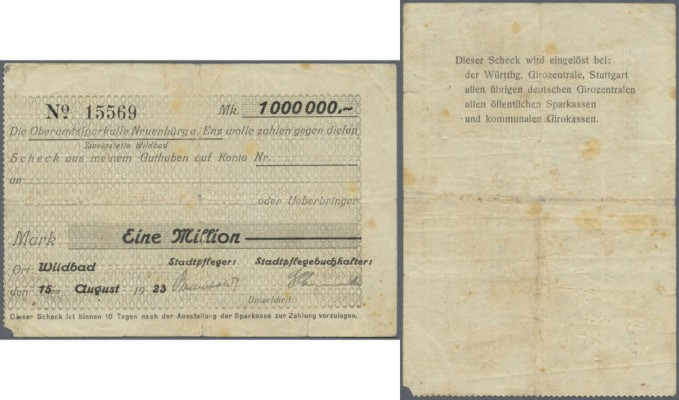 Deutschland - Notgeld - Württemberg: Wildbad, Stadtgemeinde, 1 Mio. Mark, 15.8.1...