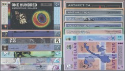 Varia: set of 10 notes Antarctica containing 3x 1 Dollar Plastic note with cancellation holes 2007, 2 Dollars Plastic Note with cancellation hole, 3 D...