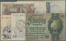 Deutschland - Deutsches Reich bis 1945: set mit 10 Noten zu 5, 10, 20, 50 Reichsmark und 1 Rentenmark mit belgischem Gemeindestempel EUPEN, WALHORN, L...