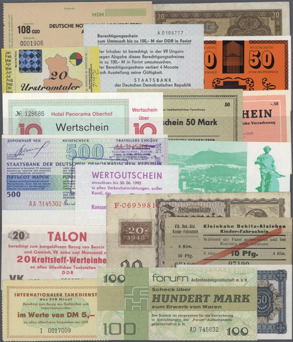 Deutschland - DDR: riesiges Lot mit 76 Banknoten, Gutscheinen und Belegen der DD...