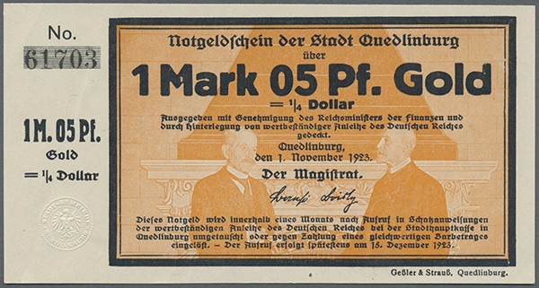 Deutschland - Notgeld - Sachsen-Anhalt: Quedlinburg, Stadt, 1.05 GMk, 1.11.1923,...
