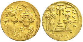 Byzantinische Goldmünzen
Kaiserreich
Constans II., 641-668
Solidus 659/668, Constantinopel, 4. Off. Brb. Constans und Constantin IV./beide Kaiser s...