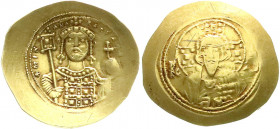 Byzantinische Goldmünzen
Kaiserreich
Michael VII., 1071-1078
Histamenon ELEKTRON 1071/1078. Hüftbild v.v. mit Labarum und Kreuzglobus/Christus thro...