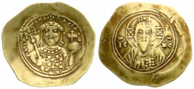 Byzantinische Goldmünzen
Kaiserreich
Michael VII., 1071-1078
Histamenon ELEKTRON 1071/1078. Hüftbild v.v. mit Labarum und Kreuzglobus/Christus thro...