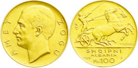 Ausländische Goldmünzen und -medaillen
Albanien
Republik, 1912-1928
100 Franga Ari 1926 Ahmed Zogu (Präsident), ohne Sterne unter Kopf/Biga, nach e...