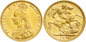 Ausländische Goldmünzen und -medaillen
Australien
Victoria, 1837-1901
Sovereign 1889 M, Melbourne. Drachentöter. 7,98 g. 917/1000. sehr schön. Spin...