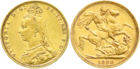 Ausländische Goldmünzen und -medaillen
Australien
Victoria, 1837-1901
Sovereign 1889 M, Melbourne. Drachentöter. 7,98 g. 917/1000. sehr schön. Spin...