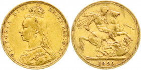 Ausländische Goldmünzen und -medaillen
Australien
Victoria, 1837-1901
Sovereign 1890 M, Melbourne. Drachentöter. 7,98 g. 917/1000. sehr schön. Spin...