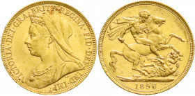 Ausländische Goldmünzen und -medaillen
Australien
Victoria, 1837-1901
Sovereign 1896 M, Melbourne. 7,98 g. 917/1000. sehr schön/vorzüglich, kl. Kra...