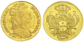 Ausländische Goldmünzen und -medaillen
Brasilien
Maria I., 1786-1816
6400 Reis (Peca) 1803 R, Rio de Janeiro. 14,34 g. 917/1000. vorzüglich/Stempel...