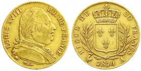 Ausländische Goldmünzen und -medaillen
Frankreich
Ludwig XVIII., 1814/1815-1824
20 Francs 1814 A, Paris. 6,45 g. 900/1000. sehr schön. Krause/Mishl...