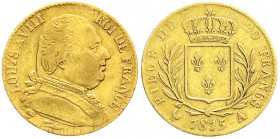 Ausländische Goldmünzen und -medaillen
Frankreich
Ludwig XVIII., 1814/1815-1824
20 Francs 1815 A, Paris. 6,45 g. 900/1000. sehr schön. Krause/Mishl...