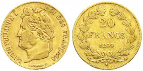 Ausländische Goldmünzen und -medaillen
Frankreich
Louis Philippe I., 1830-1848
20 Francs 1839 A, Paris. 6,45 g. 900/1000. sehr schön, kl. Randfehle...