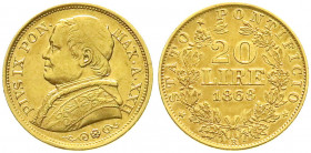 Ausländische Goldmünzen und -medaillen
Italien-Kirchenstaat
Pius IX., 1846-1878
20 Lire 1868 R. 6,45 g. 900/1000. sehr schön. Friedberg 280. Krause...