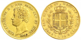 Ausländische Goldmünzen und -medaillen
Italien-Sardinien
Carl Albert, 1831-1849
20 Lire 1849 P, Anker. Genua. 6,45 g. 900/1000. sehr schön, kl. Ran...