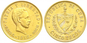 Ausländische Goldmünzen und -medaillen
Kuba
1. Republik, 1898-1962
5 Pesos 1916. Kopf n.r./Wappen. 8,36 g. 900/1000. vorzüglich/Stempelglanz. Kraus...