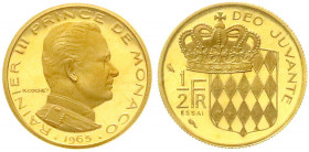 Ausländische Goldmünzen und -medaillen
Monaco
Rainer III., 1949-2005
Probe 1/2 Franc 1965 mit Inschrift 'ESSAI' in Gold 920/1000, 8,7 g. Auflage nu...