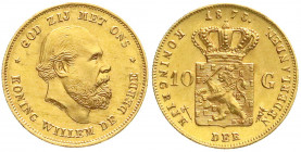 Ausländische Goldmünzen und -medaillen
Niederlande
Willem III., 1849-1890
10 Gulden 1875. 6,72 g. 900/1000. prägefrisch/fast Stempelglanz. Krause/M...