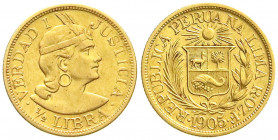 Ausländische Goldmünzen und -medaillen
Peru
Republik, seit 1821
1/2 Libra (1/2 Pound) 1905 ROZF. 3,99 g. 917/1000. vorzüglich. Krause/Mishler 209....